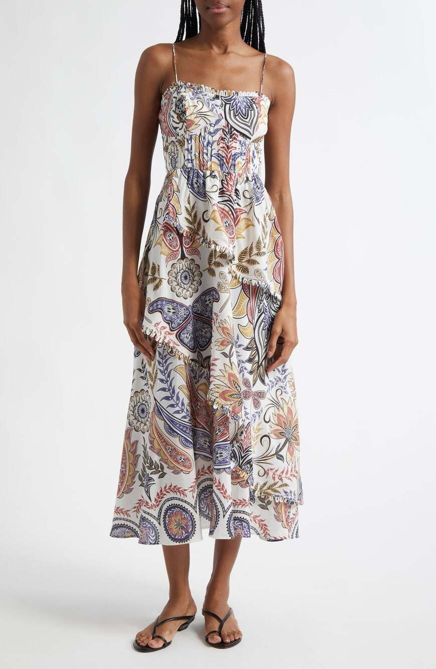 FARM Rio Boho Glam Loop Trim Asymmetrical Maxi Dress Resort Cottagecore